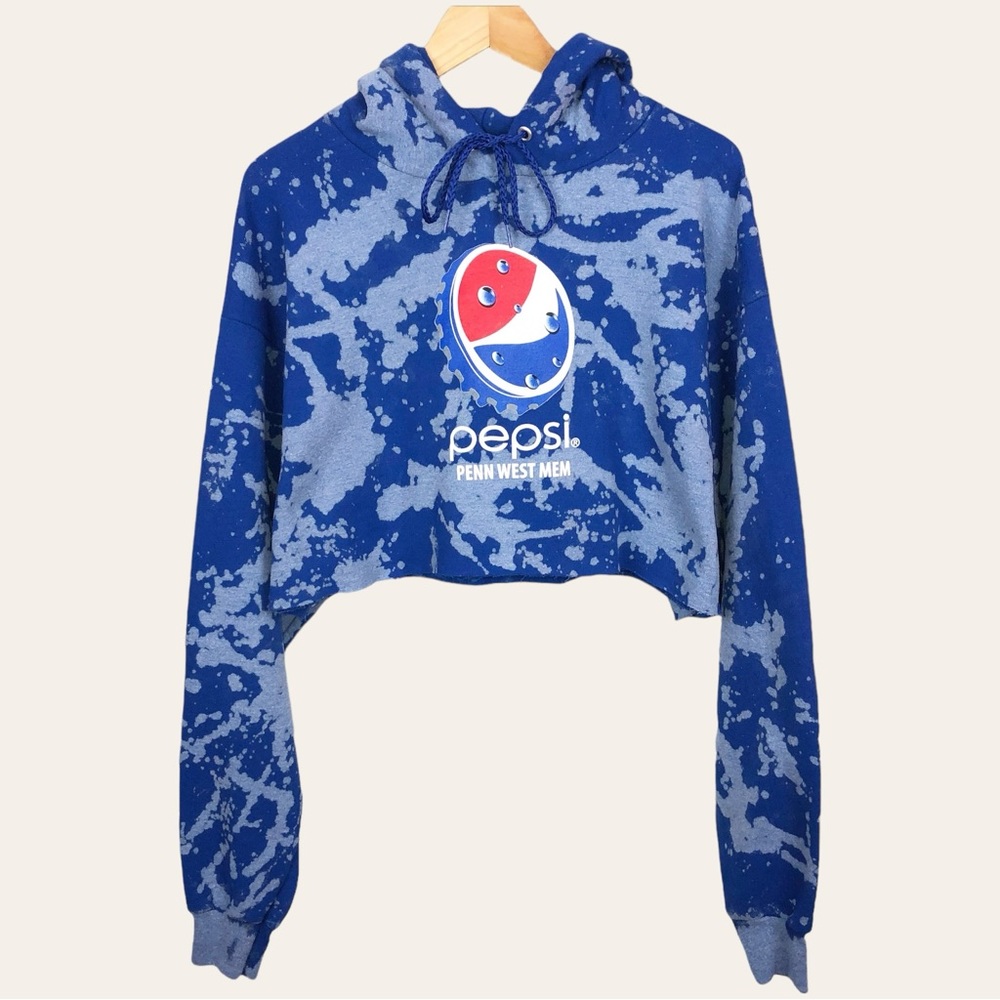 Pepsi Upcycled Cropped Bleach Dyed Tie Dyed Cozy Fleece Lined Cozy Blue Hoodie L